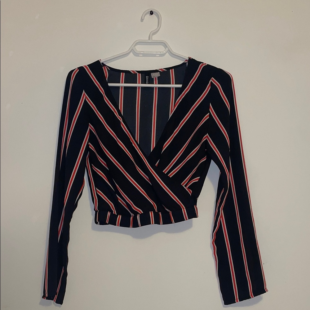H&M Black and Pink Striped Wrap Blouse